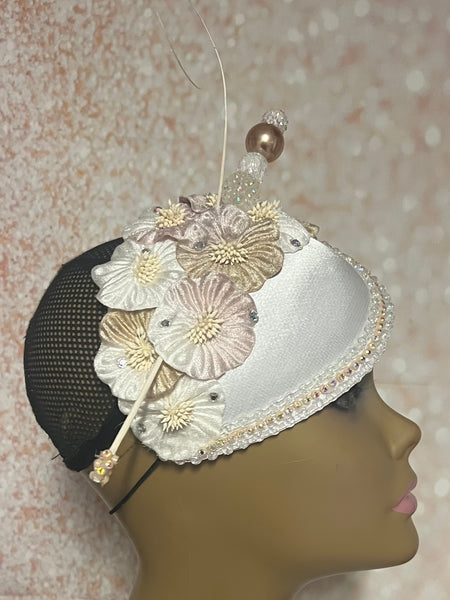 Off-White and Cream Teardrop Flower Fascinator Half Hat, Church and Wedding Headpiece
