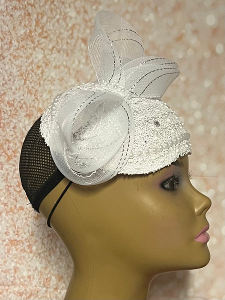 White Embroidered Lace Half Hat Fascinator for weddings, church, tea parties and special occasions