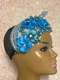 Light Blue Beaded Flower Double Cup Fascinator, Sea Blue Double Teardrop Church Special Occasion Half Hat
