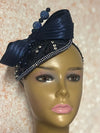 Navy Blue Sinamay Bling Teardrop Half Hat Fascinator for Church Head Covering, Tea Parties, Weddings and Special Occasions