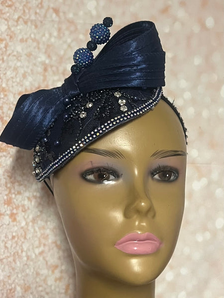 Navy Blue Sinamay Bling Teardrop Half Hat Fascinator for Church Head Covering, Tea Parties, Weddings and Special Occasions