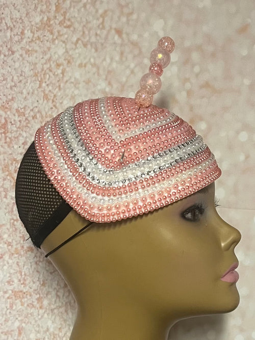 Peach Pink Beaded Hat for Church, Wedding, Tea Parties and special occasions