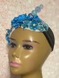 Light Blue Beaded Flower Double Cup Fascinator, Sea Blue Double Teardrop Church Special Occasion Half Hat