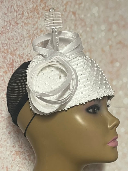 White Rhinestone Beaded Half Hat Fascinator for Church, Weddings and Special Occasion