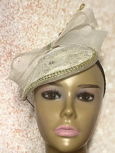 Bronze and Gold Sinamay Teardrop Fascinator half hat for church, weddings, tea parties, and special occasions.