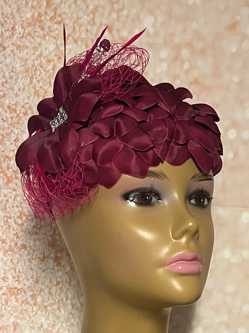 Burgundy Flower Fascinator Half Hat for Church, Weddings and other special occasions