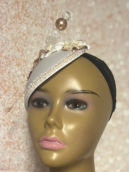 Off-White and Cream Teardrop Flower Fascinator Half Hat, Church and Wedding Headpiece