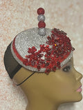 Red and Silver Rhinestone Bling Fascinator Half Hat for Church, Tea Party, Weddings and Special Occasions