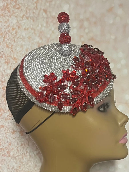 Red and Silver Rhinestone Bling Fascinator Half Hat for Church, Tea Party, Weddings and Special Occasions