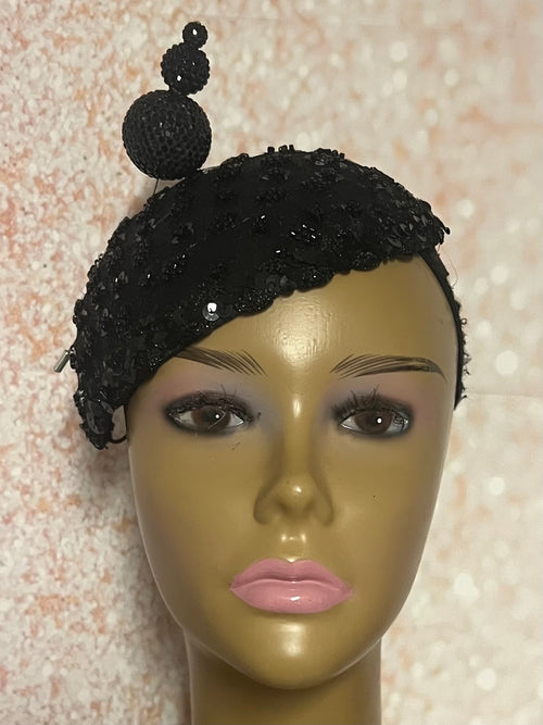 Black Beaded Lace Teardrop Fascinator Half Hat for church, weddings, and other occasions