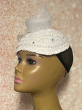 White Embroidered Lace Half Hat Fascinator for weddings, church, tea parties and special occasions