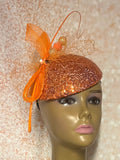 Orange Sequin Half Hat Fascinator for Church Head Covering, Wedding, Tea Party, Mother of the Bride, and Other Special Occasions