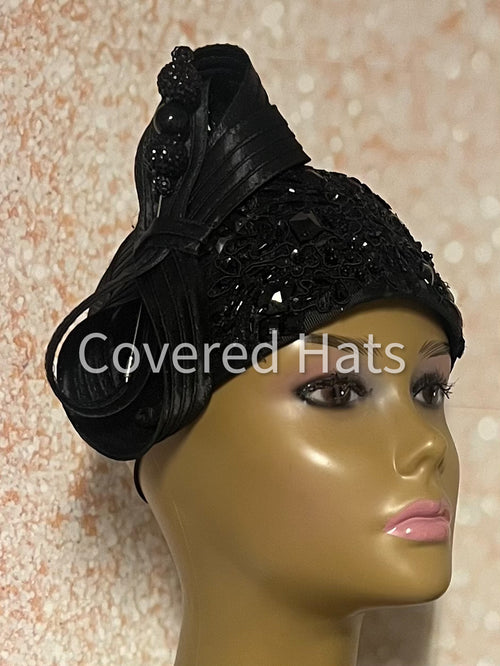 Black Beaded Half Hat Fascinator for Church and Special Occasion Headwear