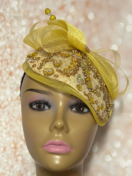 Gold Rhinestones Crystal Bling Fascinator Teardrop Half Hat for Church, Tea Parties, Weddings and Other Special Occasions