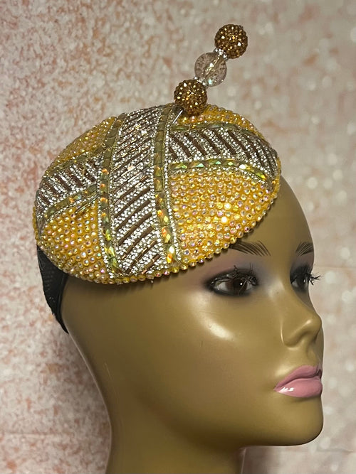 Yellow Gold Bead and Rhinestone Round Button Fascinator Half Hat for Church, Tea Parties, Weddings and other special occasions