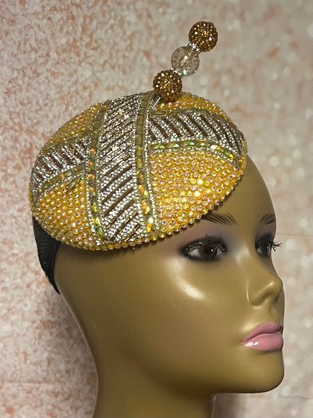 Yellow Gold Bead and Rhinestone Round Button Fascinator Half Hat for Church, Tea Parties, Weddings and other special occasions