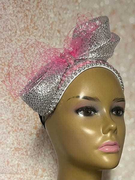 Pink and Silver Beaded Fascinator Half Hat, Church Head Covering