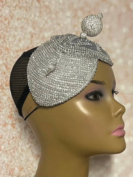Silver and Gray Bling Double Teardrop Cup Fascinator Half Hat for Church, Tea Parties, Weddings, and other special occasions