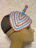 Red and Blue Beaded Teardrop Fascinator Half Hat, Church and Special Occasion Headpiece