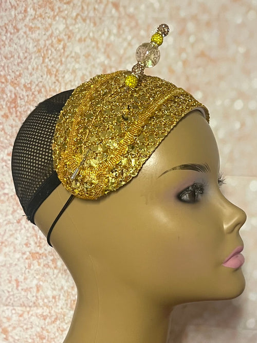 Yellow Gold Sequin Beaded Headband-Shaped Fascinator Half Hat for Church, Tea Parties, Weddings and other special occasions