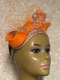 Silver and Orange Headband Half Hat Fascinator for Church Head Covering, Wedding, Tea Party, Mother of the Bride, and Other Special Occasion