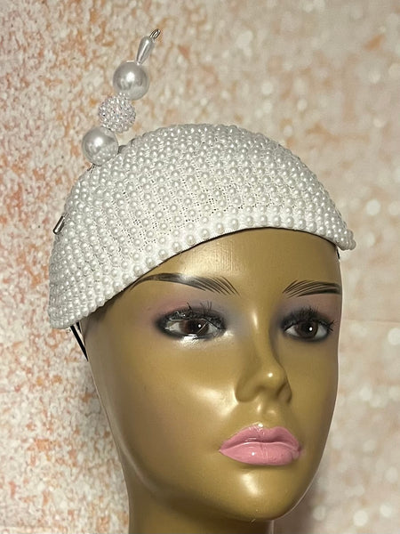 White Beaded Pearl Half Hat Fascinator for weddings, church and special occasions, Gift for Mom, Sister, Wife, Her