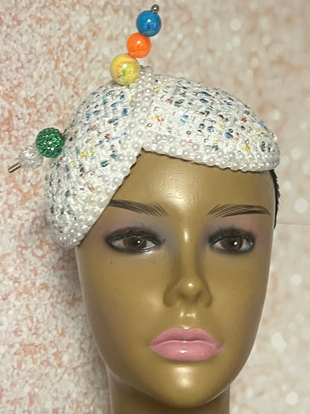 Multicolor double cup fascinator, Yellow, Blue, Green, Orange and Off white fascinator, Handmade Church Headwear and Special Occasions