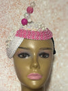 Hot Pink and Off-White Iridescent Rhinestone Double Cup Teardrop Beaded Fascinator