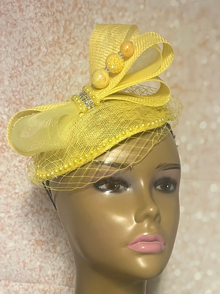 Yellow Sinamay Teardrop Fascinator: Church, Tea Party Headwear