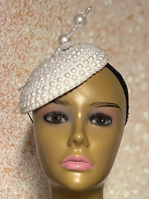 White Beaded Pearl Button Half Hat Fascinator for weddings, church and special occasions, Gift for Mom, Sister, Wife, Her