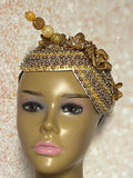 Gold and Beige/Khaki Beaded Flower Double Cup Fascinator, Church Special Occasion Half Hat
