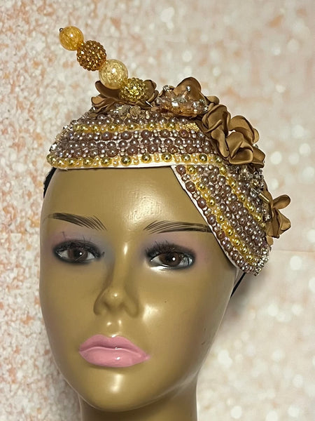 Gold and Beige/Khaki Beaded Flower Double Cup Fascinator, Church Special Occasion Half Hat
