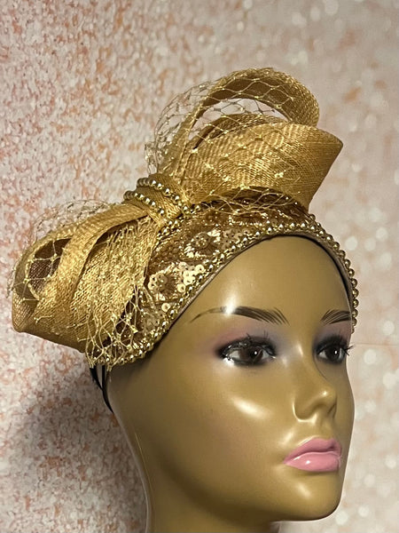 Gold Sequin Beaded Fascinator Half Hat with Bow and Veiling for Church, Tea Parties, Weddings and other special occasions