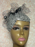 Silver Sinamay Mesh Bling Fascinator Half Hat for Church, Tea Parties, Weddings and other special occasions