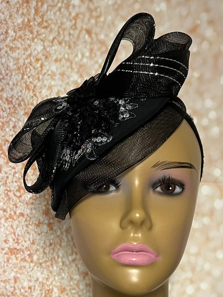Black Flower Fascinator Half Hat, Weddings, Church, Tea Parties, and other Special Occasions