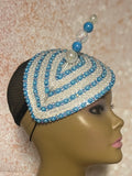 Blue Beaded Teardrop Fascinator Half Hat, Sky Blue Church and Special Occasion Headpiece
