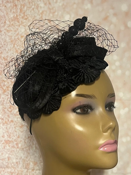 Black Satin Flower Petal Fascinator Half Hat, Weddings, Church, Tea Parties, and other Special Occasions
