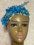 Light Blue Beaded Flower Double Cup Fascinator, Sea Blue Double Teardrop Church Special Occasion Half Hat
