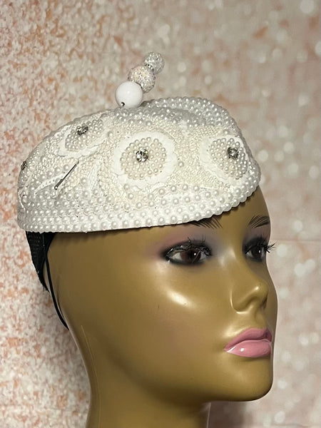 White Beaded Side Folded Asymmetric Hat Fascinator for weddings, church and special occasions, Gift for Mom, Sister, Wife, Her