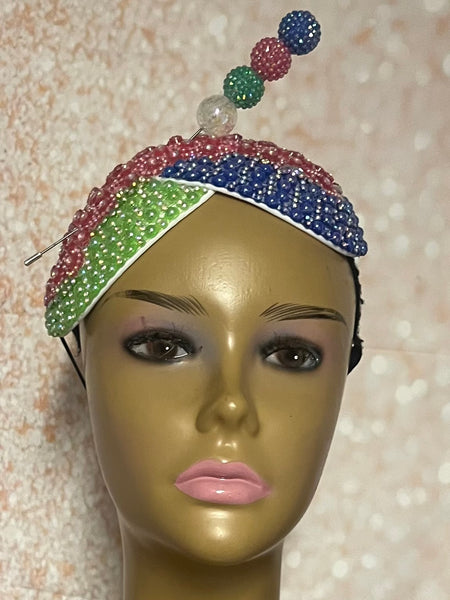 Blue Pink Green Multicolor Beaded Double Cup Fascinator, Handmade Church Headwear and Special Occasions