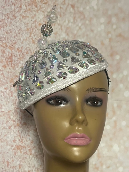 White Iridescent Rhinestone Teardrop Fascinator Half Hat for Church, Tea Party, Kentucky Derby, Wedding