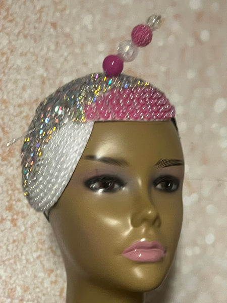 Pink and Off-White Iridescent Rhinestone Double Teardrop Beaded Fascinator