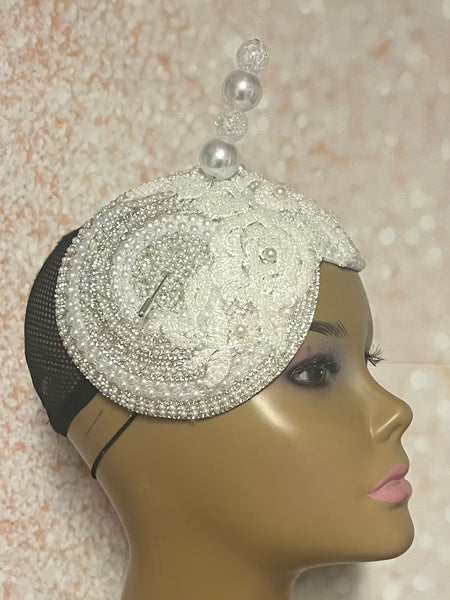 White Double Cup Pearl Bead Half Hat Fascinator for weddings, church, tea parties and special occasions