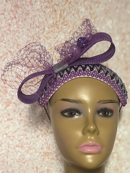 Purple and Silver Beaded Sequin Headband Half Hat: Church Wedding Tea parties