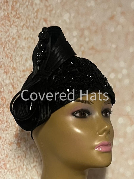 Black Beaded Half Hat Fascinator for Church and Special Occasion Headwear
