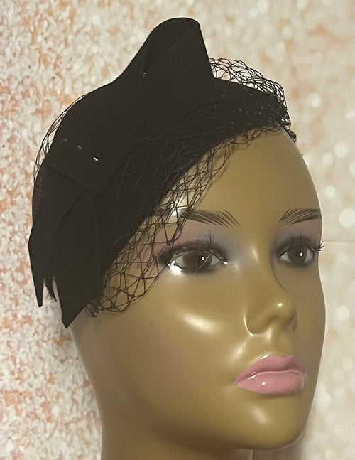 Black Felt Fascinator Half Hat, Weddings, Church, Tea Parties, and other Special Occasions