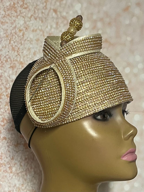 Gold Rhinestone Bling Fascinator Half Hat for Church, Tea Parties, Weddings and other special occasions