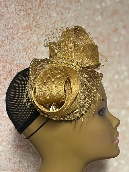 Gold Sequin Beaded Fascinator Half Hat with Bow and Veiling for Church, Tea Parties, Weddings and other special occasions