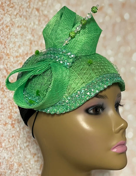 Green Sinamay Fascinator, Lime Green Half Hat, Church Head Covering, Headwear, Tea Parties Weddings and other special occasions