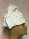 White Sequin Lace and Pearl Full Hat Fascinator for weddings, church, tea parties and special occasions
